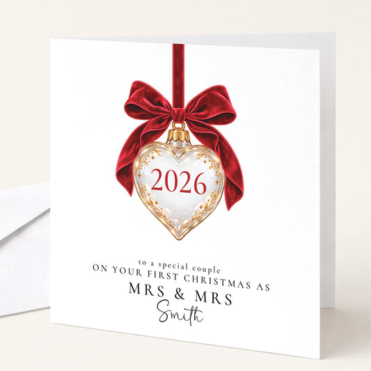 Personalised First Christmas As Mrs & Mrs Card 2026, Heart Bauble, Newlywed Wives Christmas Card WhimsiLilley