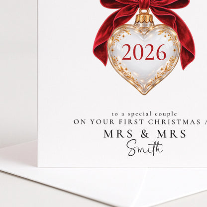 Personalised First Christmas As Mrs & Mrs Card 2026, Heart Bauble, Newlywed Wives Christmas Card WhimsiLilley