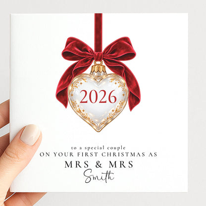 Personalised First Christmas As Mrs & Mrs Card 2026, Heart Bauble, Newlywed Wives Christmas Card WhimsiLilley
