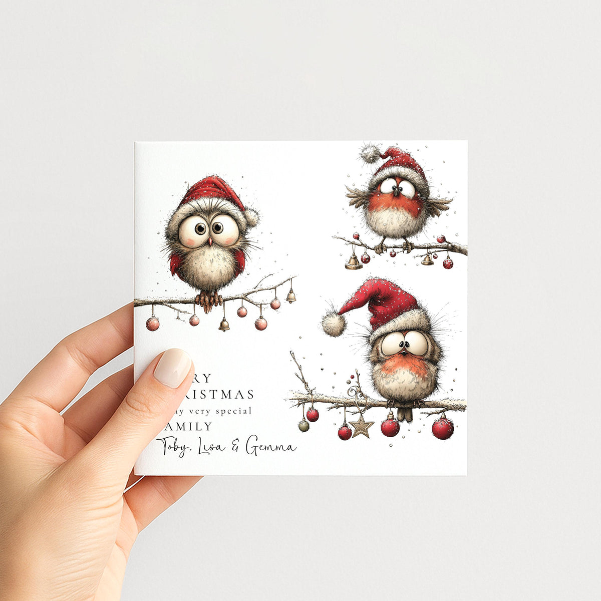 Personalised Family Christmas Card Funny Owl Xmas Card with 3 Names UK WhimsiLilley