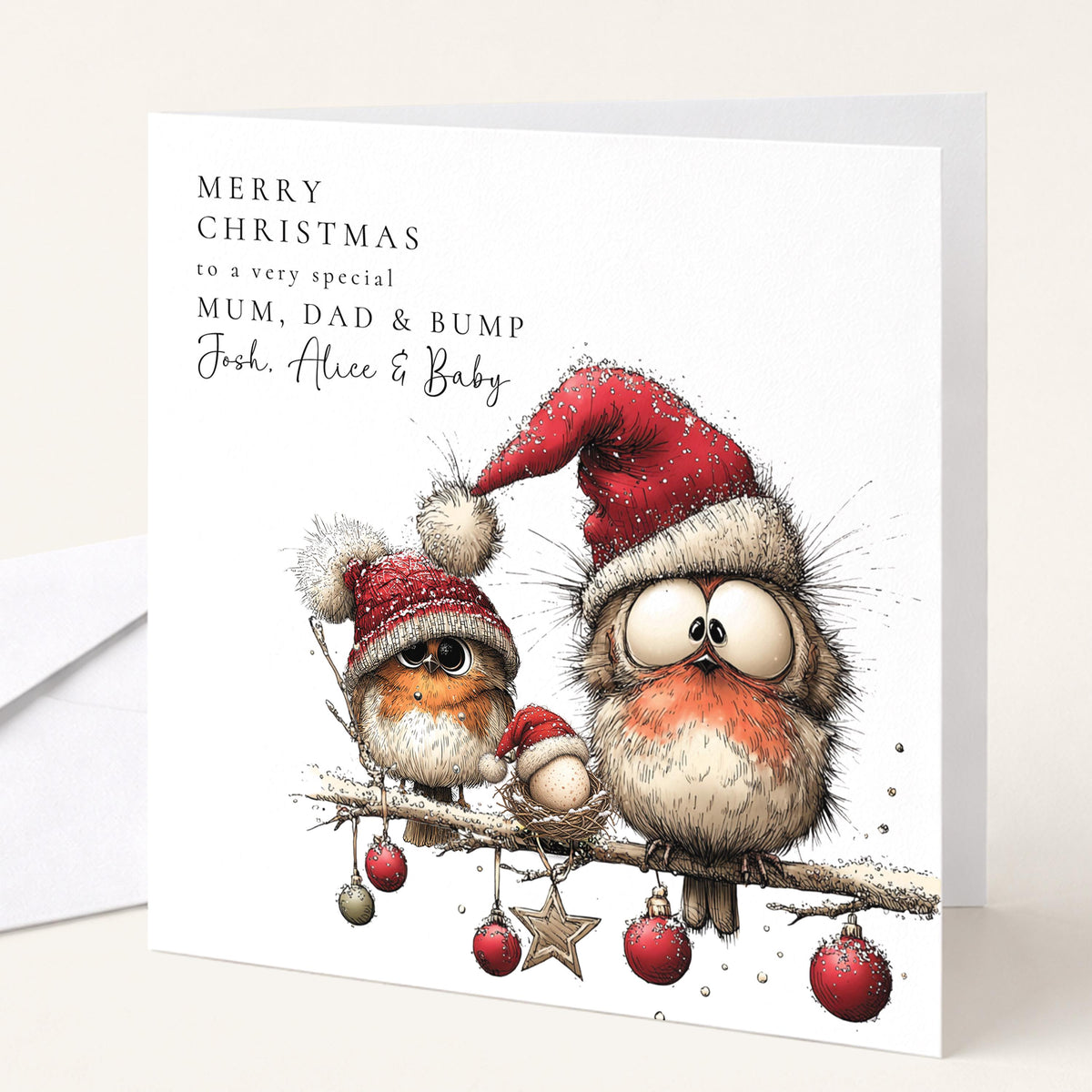 Personalised Mum Dad and Bump Christmas Card, Funny Robins in Santa Hats, Expecting Parents Xmas Card, Baby on the Way, Pregnancy Card WhimsiLilley