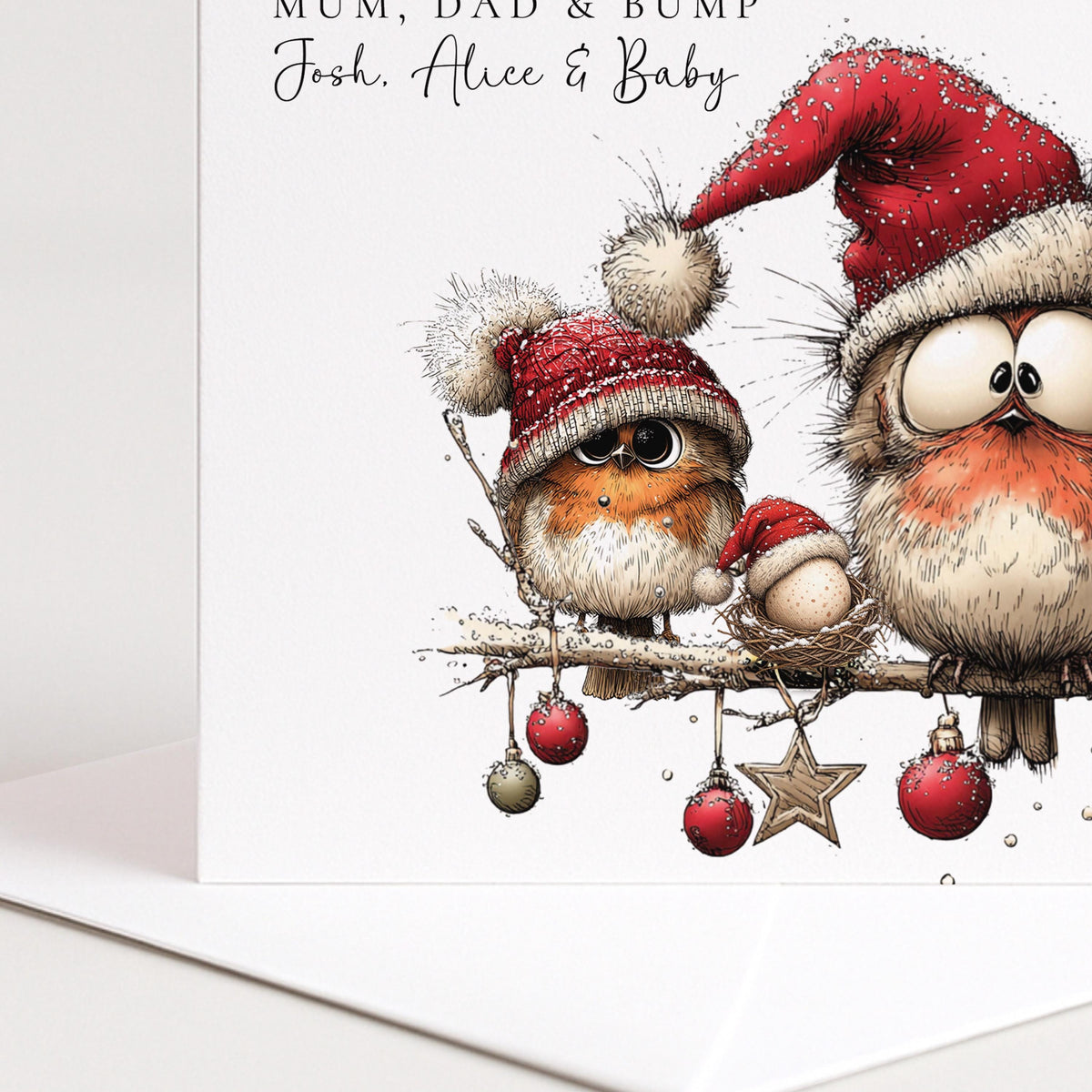 Personalised Mum Dad and Bump Christmas Card, Funny Robins in Santa Hats, Expecting Parents Xmas Card, Baby on the Way, Pregnancy Card WhimsiLilley