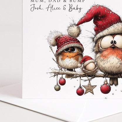 Personalised Mum Dad and Bump Christmas Card, Funny Robins in Santa Hats, Expecting Parents Xmas Card, Baby on the Way, Pregnancy Card WhimsiLilley
