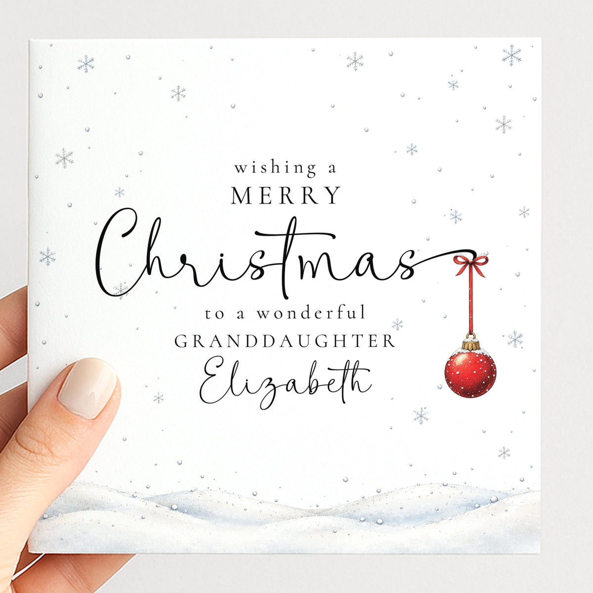 Personalised Granddaughter Christmas Card, Elegant Snowy Red Bauble Xmas Card With Name, Wonderful Granddaughter, Keepsake Christmas Card WhimsiLilley