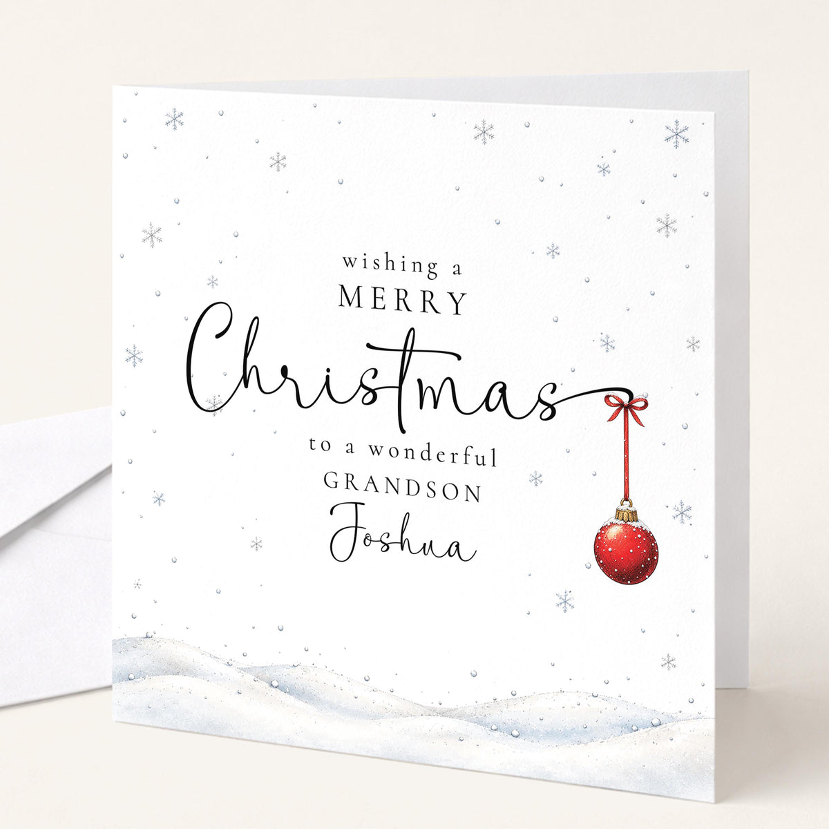 Personalised Grandson Christmas Card, Elegant Snowy Red Bauble Xmas Card With Name, Wonderful Grandson, Keepsake Christmas Card WhimsiLilley