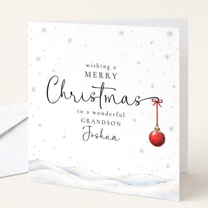 Personalised Grandson Christmas Card, Elegant Snowy Red Bauble Xmas Card With Name, Wonderful Grandson, Keepsake Christmas Card WhimsiLilley