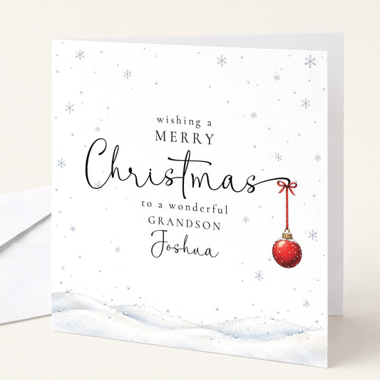 Personalised Grandson Christmas Card, Elegant Snowy Red Bauble Xmas Card With Name, Wonderful Grandson, Keepsake Christmas Card WhimsiLilley