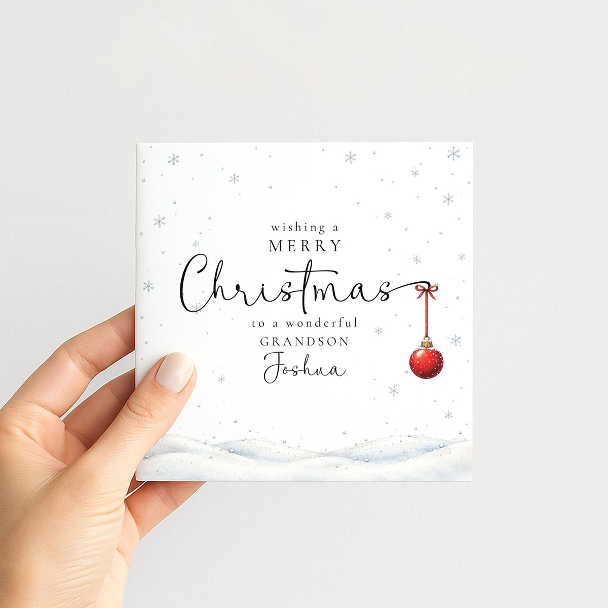 Personalised Grandson Christmas Card, Elegant Snowy Red Bauble Xmas Card With Name, Wonderful Grandson, Keepsake Christmas Card WhimsiLilley