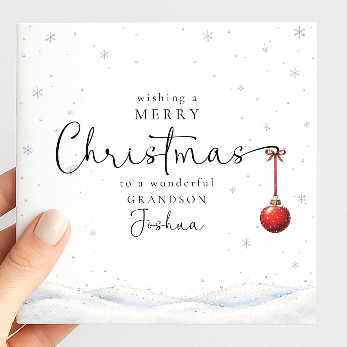 Personalised Grandson Christmas Card, Elegant Snowy Red Bauble Xmas Card With Name, Wonderful Grandson, Keepsake Christmas Card WhimsiLilley