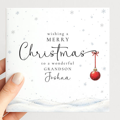 Personalised Grandson Christmas Card, Elegant Snowy Red Bauble Xmas Card With Name, Wonderful Grandson, Keepsake Christmas Card WhimsiLilley