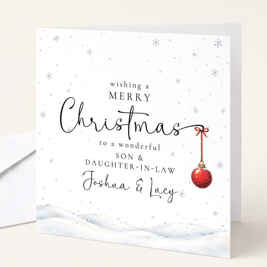 Personalised Son & Daughter-in-Law Christmas Card, Elegant Snowy Red Bauble Xmas Card With Names, Keepsake Xmas Card WhimsiLilley