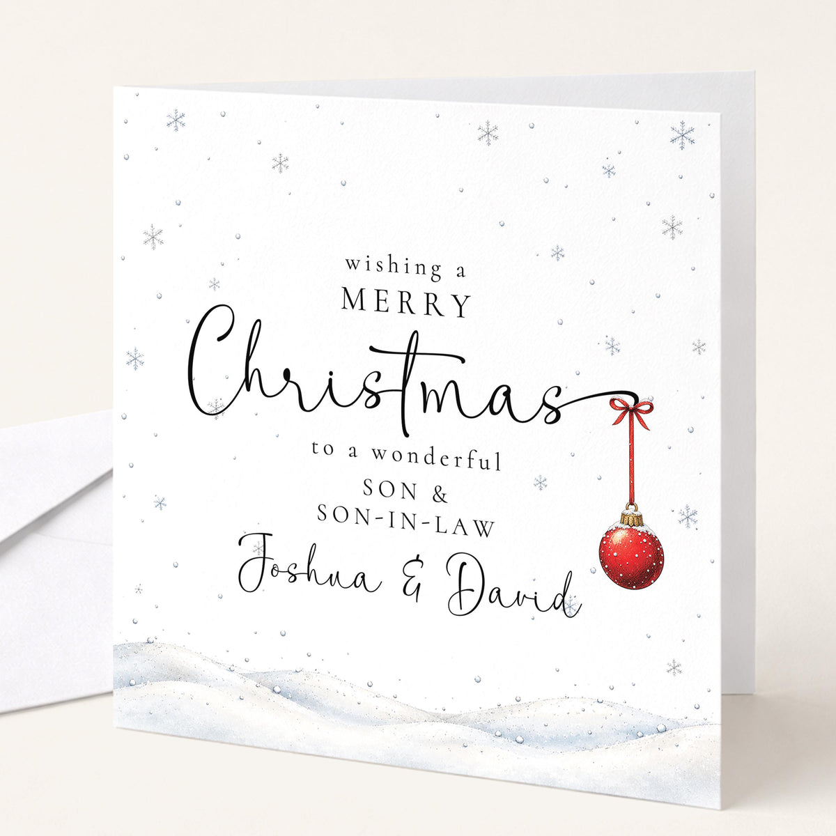 Personalised Son & Son-in-Law Christmas Card, Elegant Snowy Red Bauble Xmas Card With Names, Keepsake Xmas Card WhimsiLilley