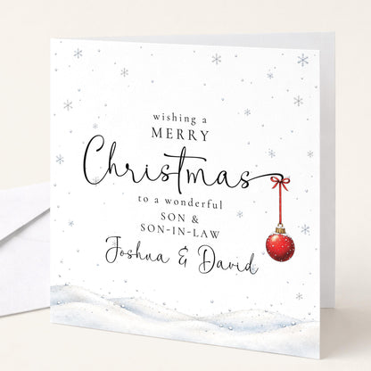 Personalised Son & Son-in-Law Christmas Card, Elegant Snowy Red Bauble Xmas Card With Names, Keepsake Xmas Card WhimsiLilley