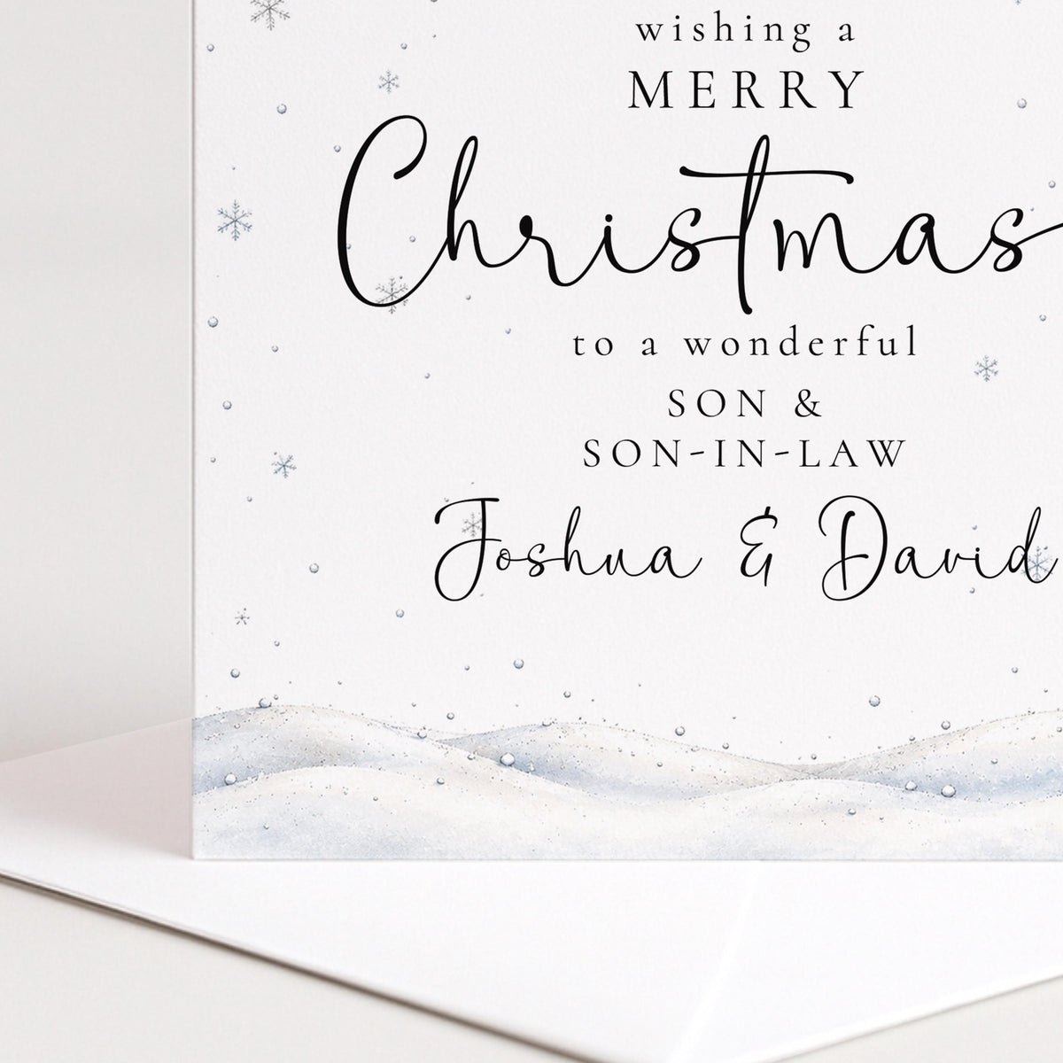 Personalised Son & Son-in-Law Christmas Card, Elegant Snowy Red Bauble Xmas Card With Names, Keepsake Xmas Card WhimsiLilley