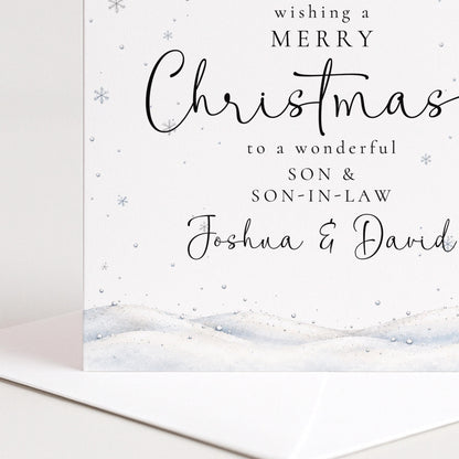 Personalised Son & Son-in-Law Christmas Card, Elegant Snowy Red Bauble Xmas Card With Names, Keepsake Xmas Card WhimsiLilley