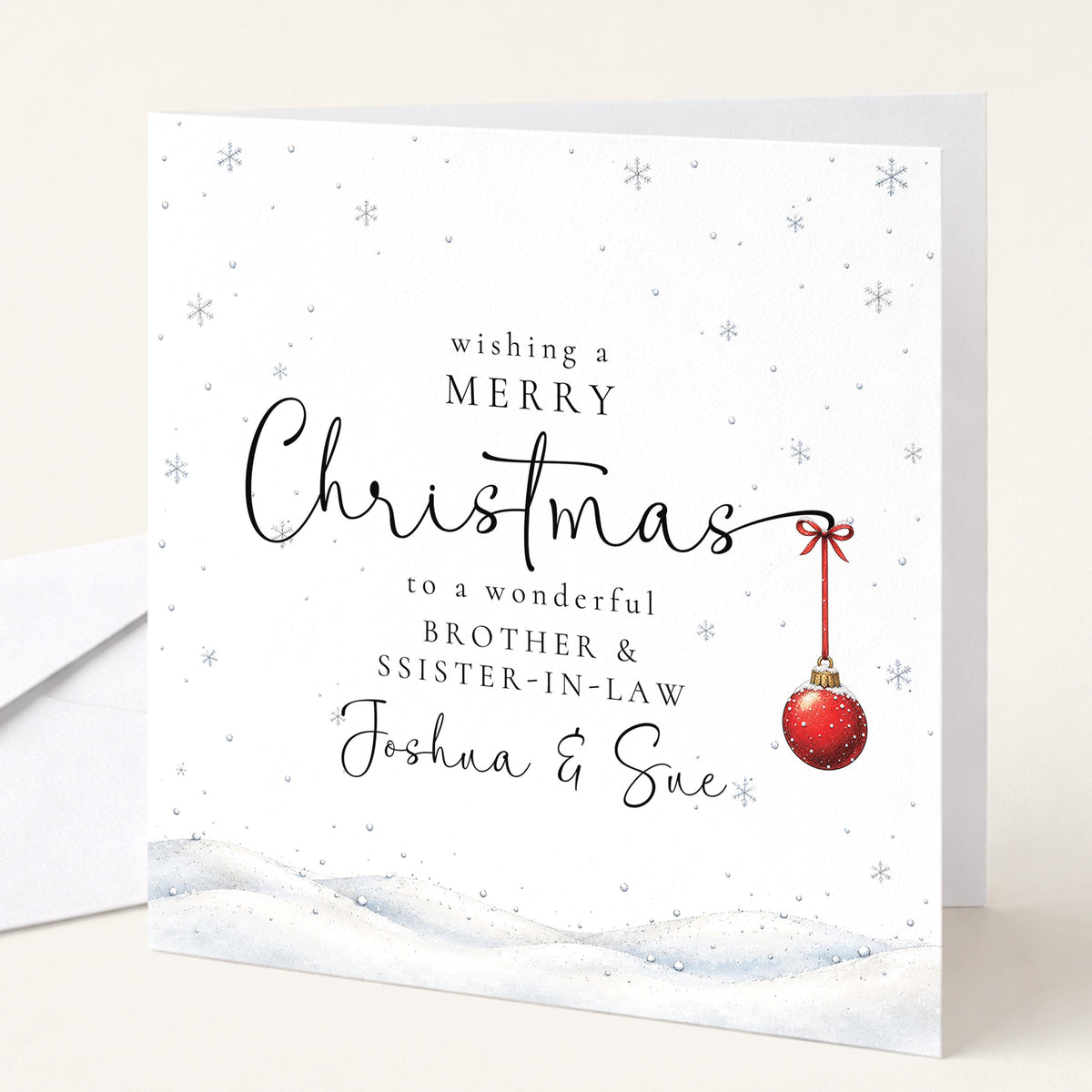Personalised Brother & Sister-in-Law Christmas Card, Elegant Snowy Red Bauble Xmas Card With Names, Keepsake Xmas Card WhimsiLilley