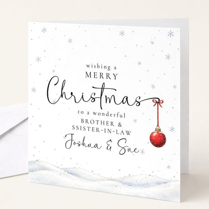 Personalised Brother & Sister-in-Law Christmas Card, Elegant Snowy Red Bauble Xmas Card With Names, Keepsake Xmas Card WhimsiLilley