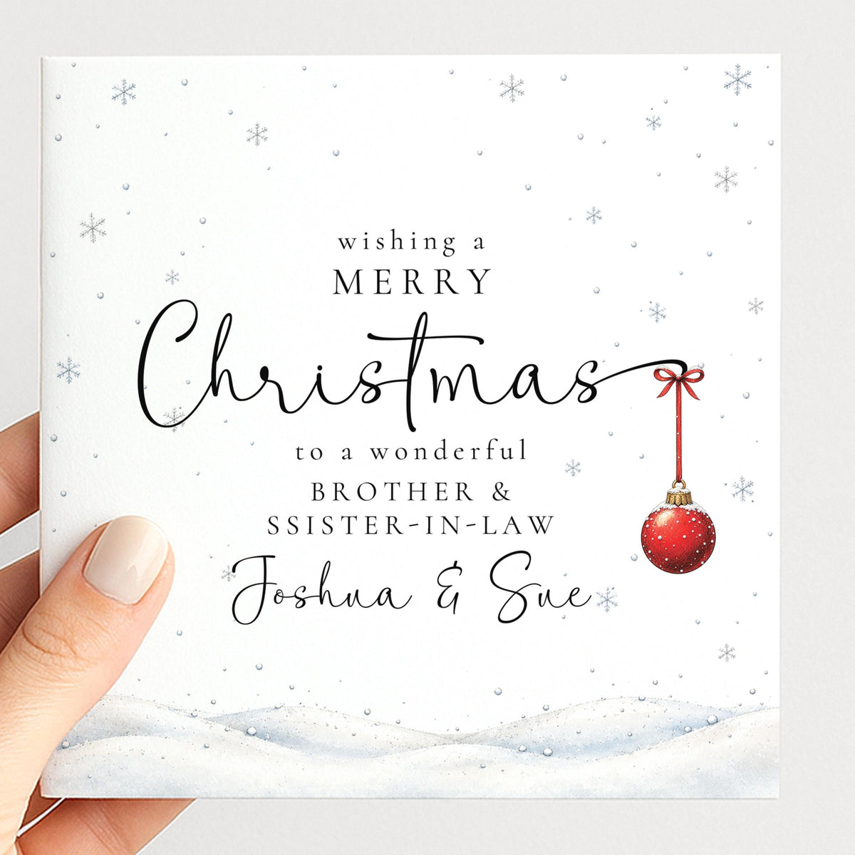 Personalised Brother & Sister-in-Law Christmas Card, Elegant Snowy Red Bauble Xmas Card With Names, Keepsake Xmas Card WhimsiLilley