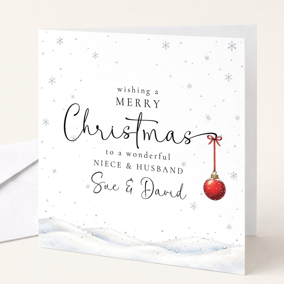 Personalised Niece & Husband Christmas Card, Elegant Snowy Red Bauble Xmas Card With Names, Keepsake Xmas Card WhimsiLilley