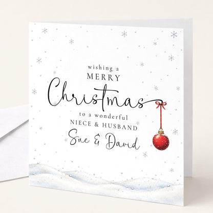 Personalised Niece & Husband Christmas Card, Elegant Snowy Red Bauble Xmas Card With Names, Keepsake Xmas Card WhimsiLilley