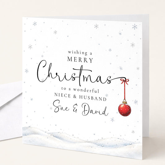 Personalised Niece & Husband Christmas Card, Elegant Snowy Red Bauble Xmas Card With Names, Keepsake Xmas Card WhimsiLilley