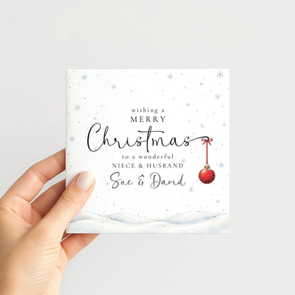 Personalised Niece & Husband Christmas Card, Elegant Snowy Red Bauble Xmas Card With Names, Keepsake Xmas Card WhimsiLilley