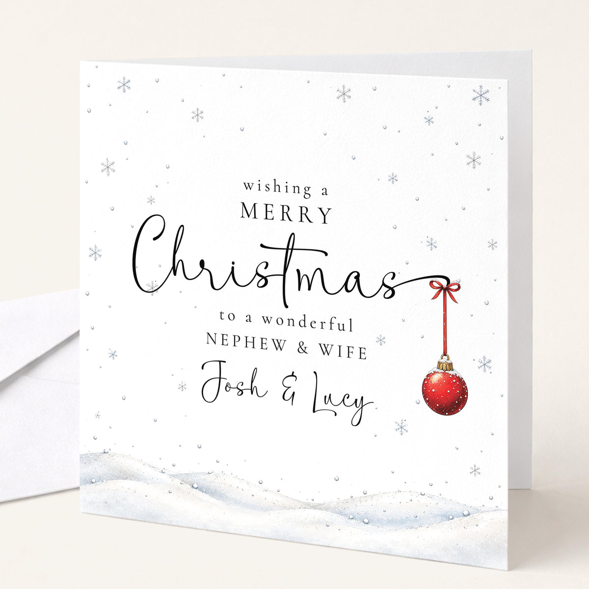 Personalised Nephew and Wife Christmas Card, Elegant Snowy Red Bauble Xmas Card With Names, Wonderful Nephew & Wife, Keepsake Christmas Card WhimsiLilley