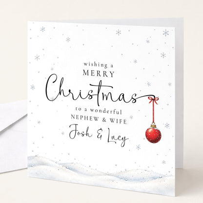 Personalised Nephew and Wife Christmas Card, Elegant Snowy Red Bauble Xmas Card With Names, Wonderful Nephew & Wife, Keepsake Christmas Card WhimsiLilley