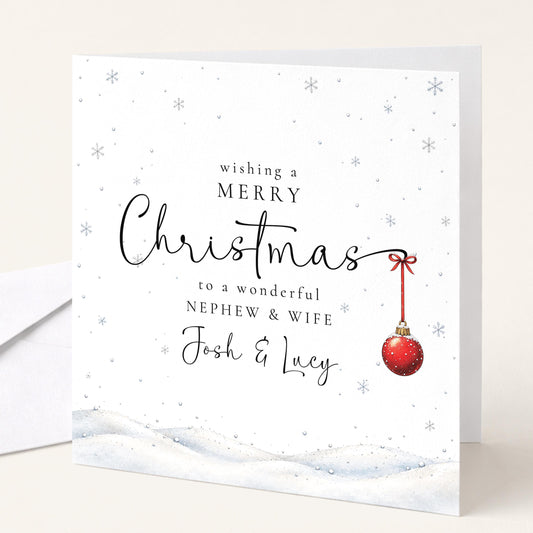 Personalised Nephew and Wife Christmas Card, Elegant Snowy Red Bauble Xmas Card With Names, Wonderful Nephew & Wife, Keepsake Christmas Card WhimsiLilley