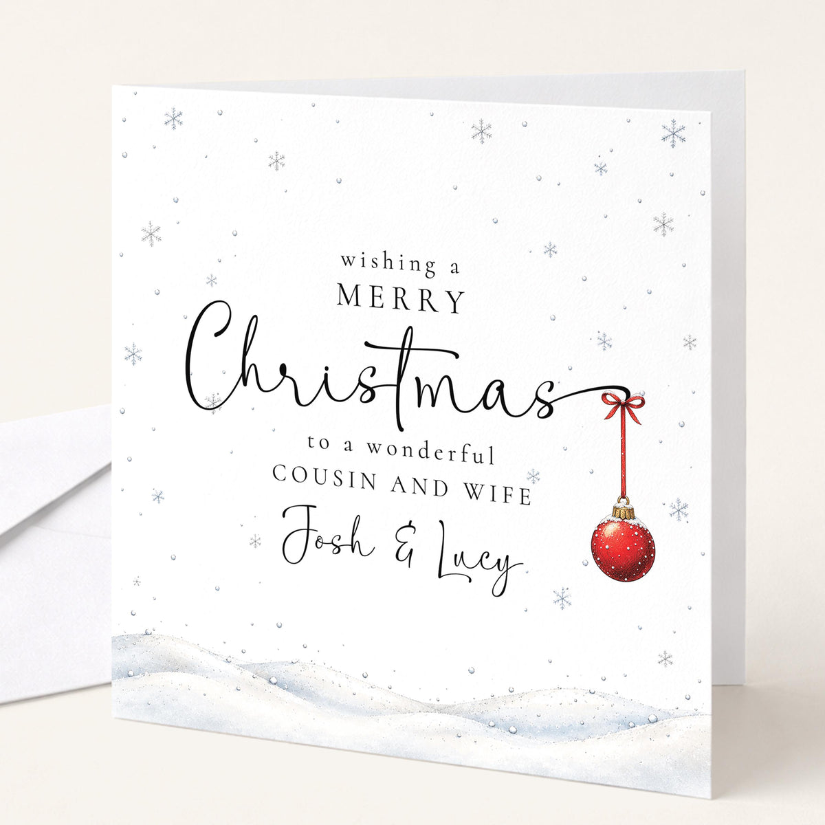 Personalised Cousin and Wife Christmas Card, Elegant Snowy Red Bauble Xmas Card With Names, Keepsake Xmas Card WhimsiLilley