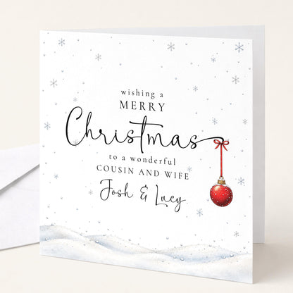 Personalised Cousin and Wife Christmas Card, Elegant Snowy Red Bauble Xmas Card With Names, Keepsake Xmas Card WhimsiLilley