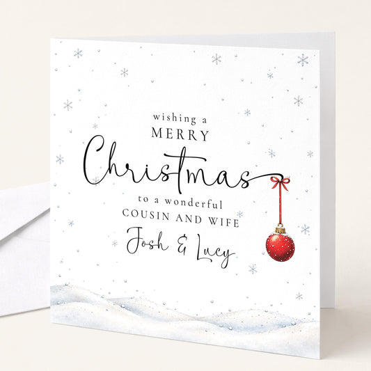 Personalised Cousin and Wife Christmas Card, Elegant Snowy Red Bauble Xmas Card With Names, Keepsake Xmas Card WhimsiLilley