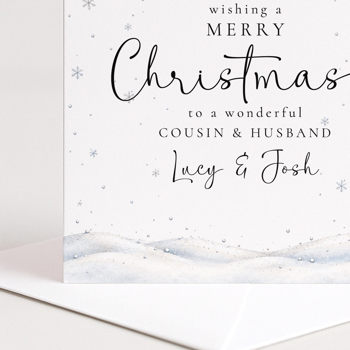 Personalised Cousin & Husband Christmas Card, Elegant Snowy Red Bauble Xmas Card With Names, Keepsake Xmas Card WhimsiLilley
