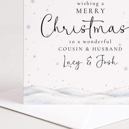 Personalised Cousin & Husband Christmas Card, Elegant Snowy Red Bauble Xmas Card With Names, Keepsake Xmas Card WhimsiLilley