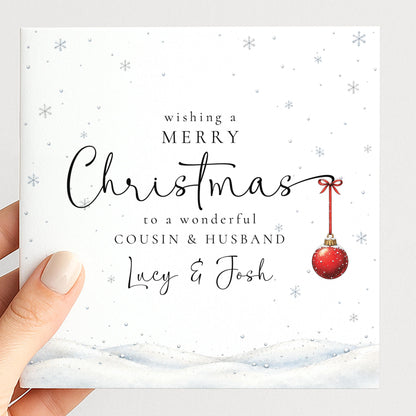 Personalised Cousin & Husband Christmas Card, Elegant Snowy Red Bauble Xmas Card With Names, Keepsake Xmas Card WhimsiLilley