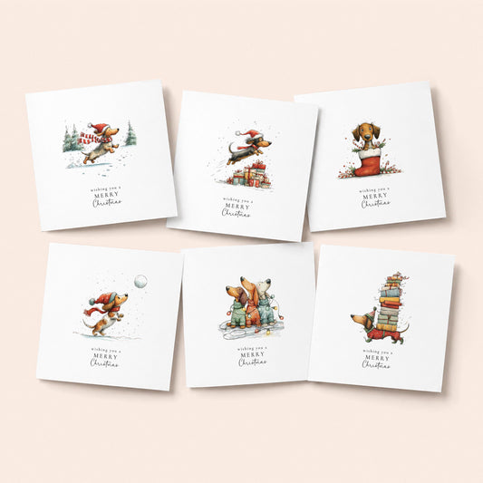 Sausage Dog Christmas Cards Pack of 6, Dachshund Xmas Cards, Funny Dog Christmas Card Multipack, Set of 6 Cards, No Personalisation WhimsiLilley