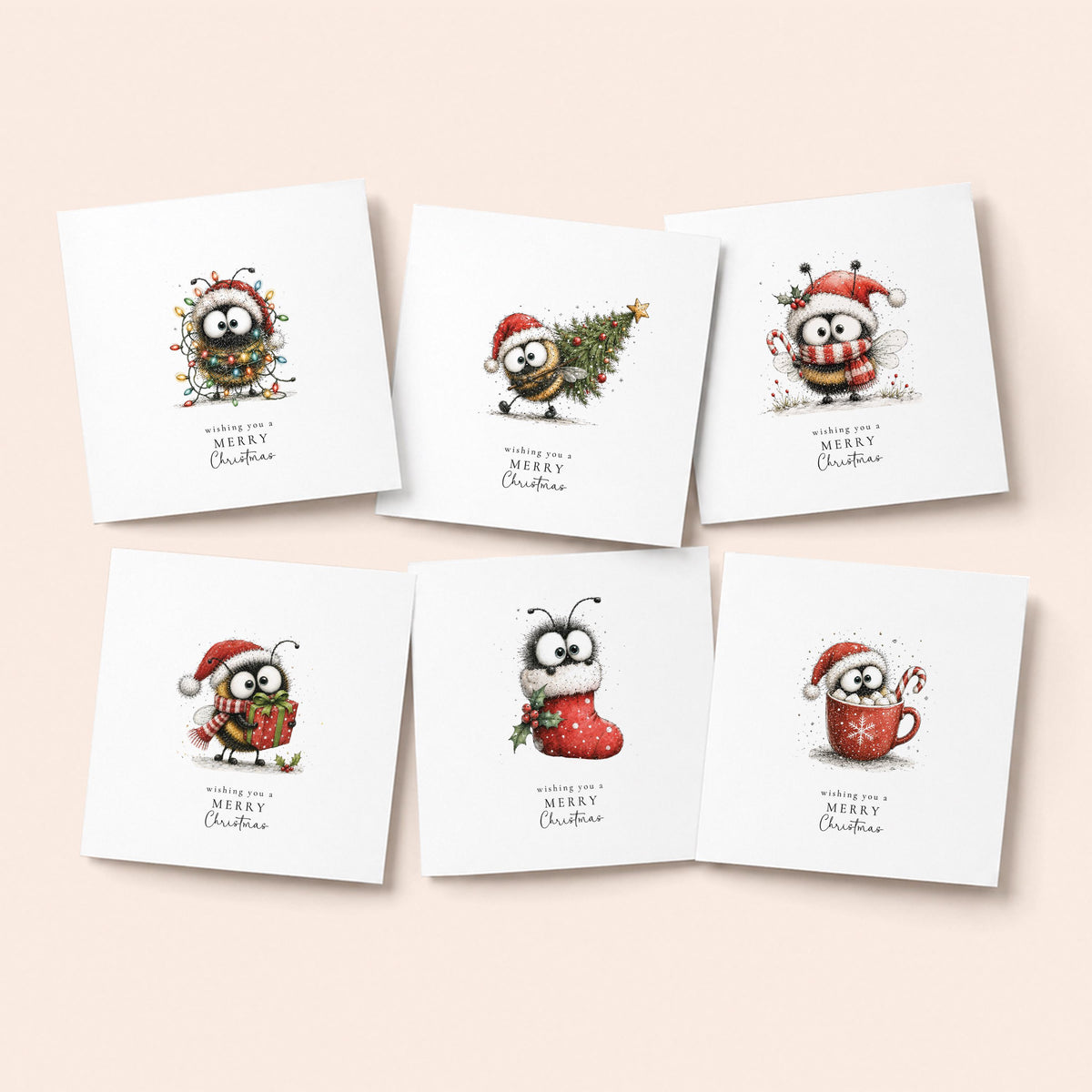 Bumble Bee Christmas Cards Pack of 6, Funny Bee Xmas Cards, Cute Bee Christmas Card Multipack, Set of 6 Cards, No Personalisation WhimsiLilley