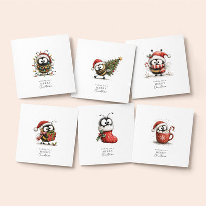 Bumble Bee Christmas Cards Pack of 6, Funny Bee Xmas Cards, Cute Bee Christmas Card Multipack, Set of 6 Cards, No Personalisation WhimsiLilley
