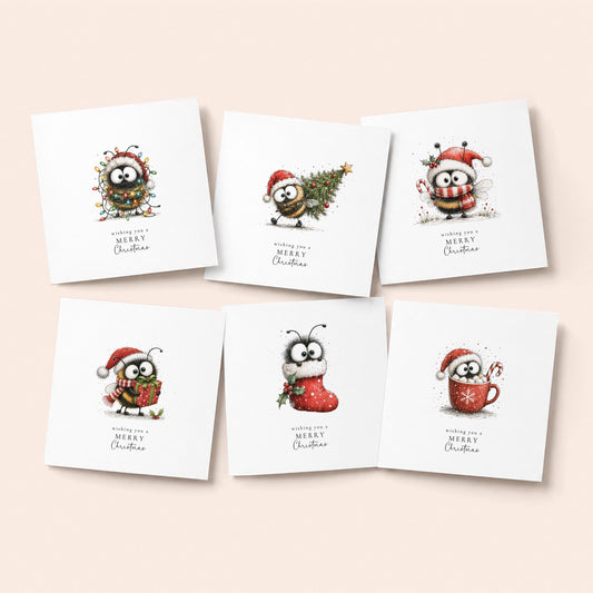 Bumble Bee Christmas Cards Pack of 6, Funny Bee Xmas Cards, Cute Bee Christmas Card Multipack, Set of 6 Cards, No Personalisation WhimsiLilley