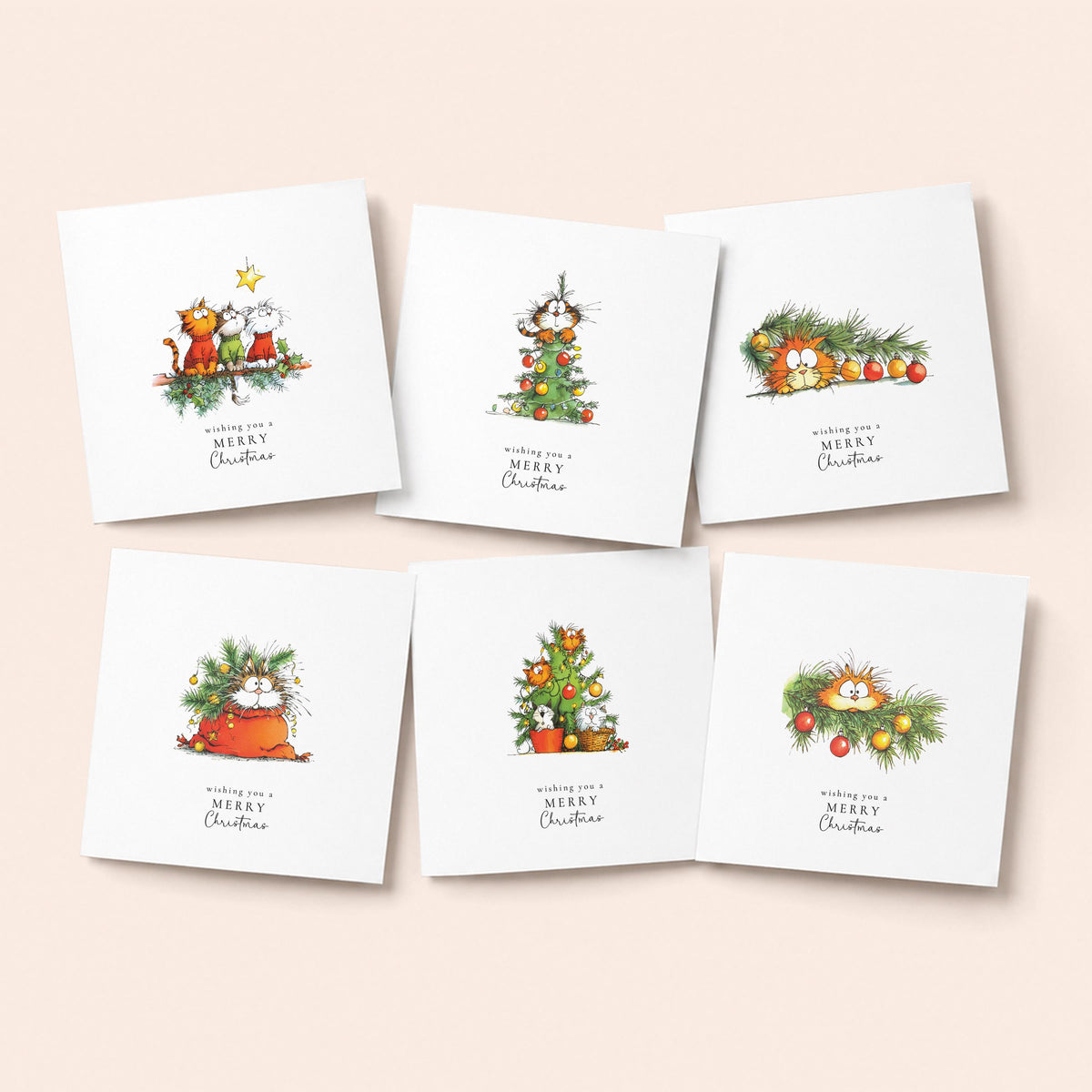 Funny Cat Christmas Cards Pack of 6, Cat Lover Xmas Cards, Naughty Cat Christmas Tree Cards, Set of 6 Cards, No Personalisation WhimsiLilley