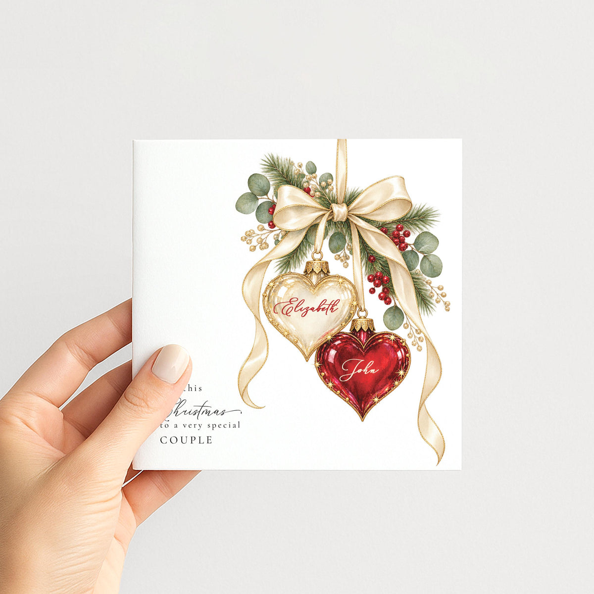 Personalised Christmas Card for Special Couple , Christmas Heart Bauble Design , Custom Names Card WhimsiLilley