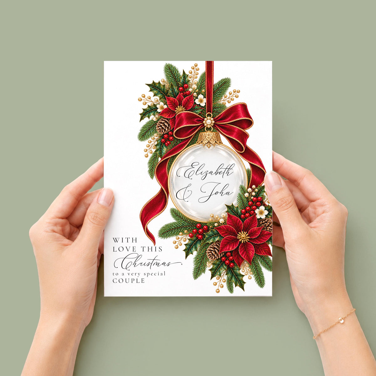 Personalised Couple Christmas Card, Red Bauble With Names, Large A5 Luxury Christmas Card, Handfinished With Pearls WhimsiLilley
