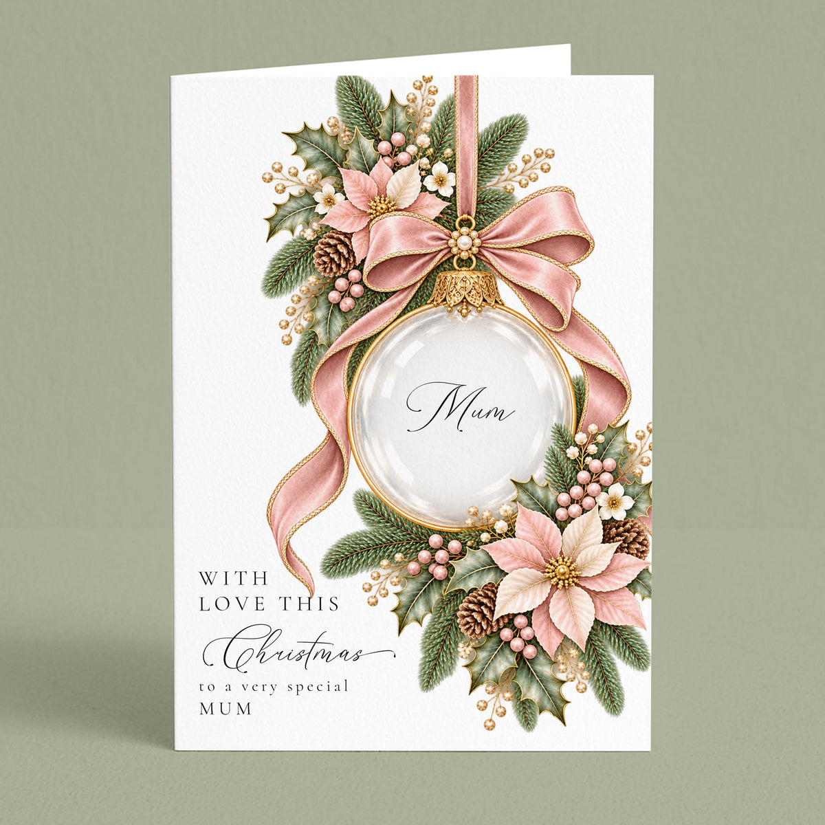 Personalised Mum Christmas Card, Pink Bauble With Pearls, Large A5 Luxury Christmas Card For Mum, Handfinished WhimsiLilley