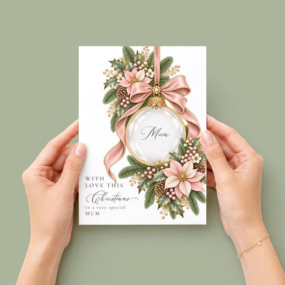 Personalised Mum Christmas Card, Pink Bauble With Pearls, Large A5 Luxury Christmas Card For Mum, Handfinished WhimsiLilley