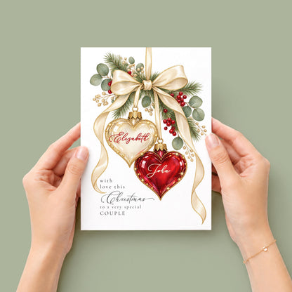 Personalised Couple Christmas Card, Heart Baubles With Names, Large A5 Luxury Christmas Card, Handfinished With Pearls WhimsiLilley