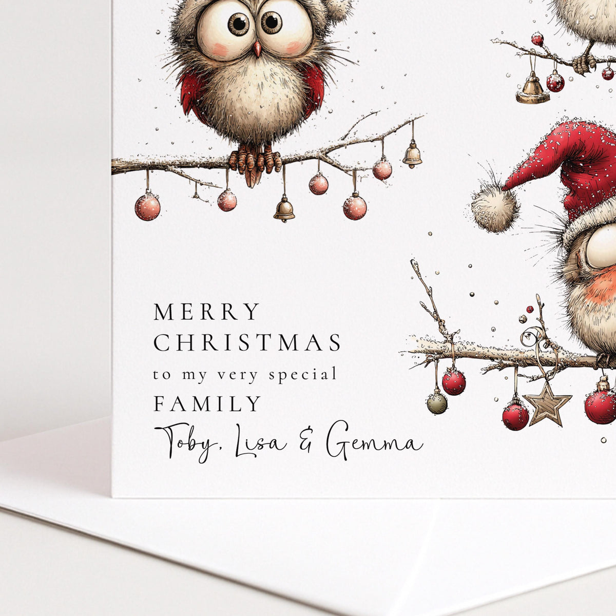 Personalised Family Christmas Card Funny Owl Xmas Card with 3 Names UK WhimsiLilley