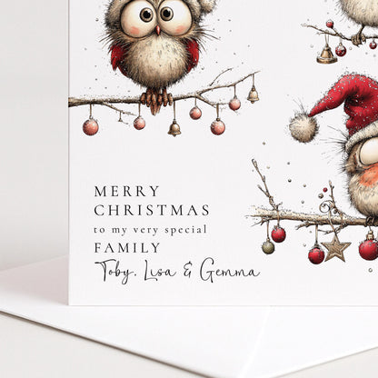 Personalised Family Christmas Card Funny Owl Xmas Card with 3 Names UK WhimsiLilley