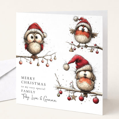 Personalised Family Christmas Card Funny Owl Xmas Card with 3 Names UK WhimsiLilley