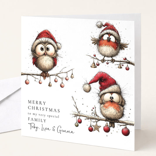 Personalised Family Christmas Card Funny Owl Xmas Card with 3 Names UK WhimsiLilley