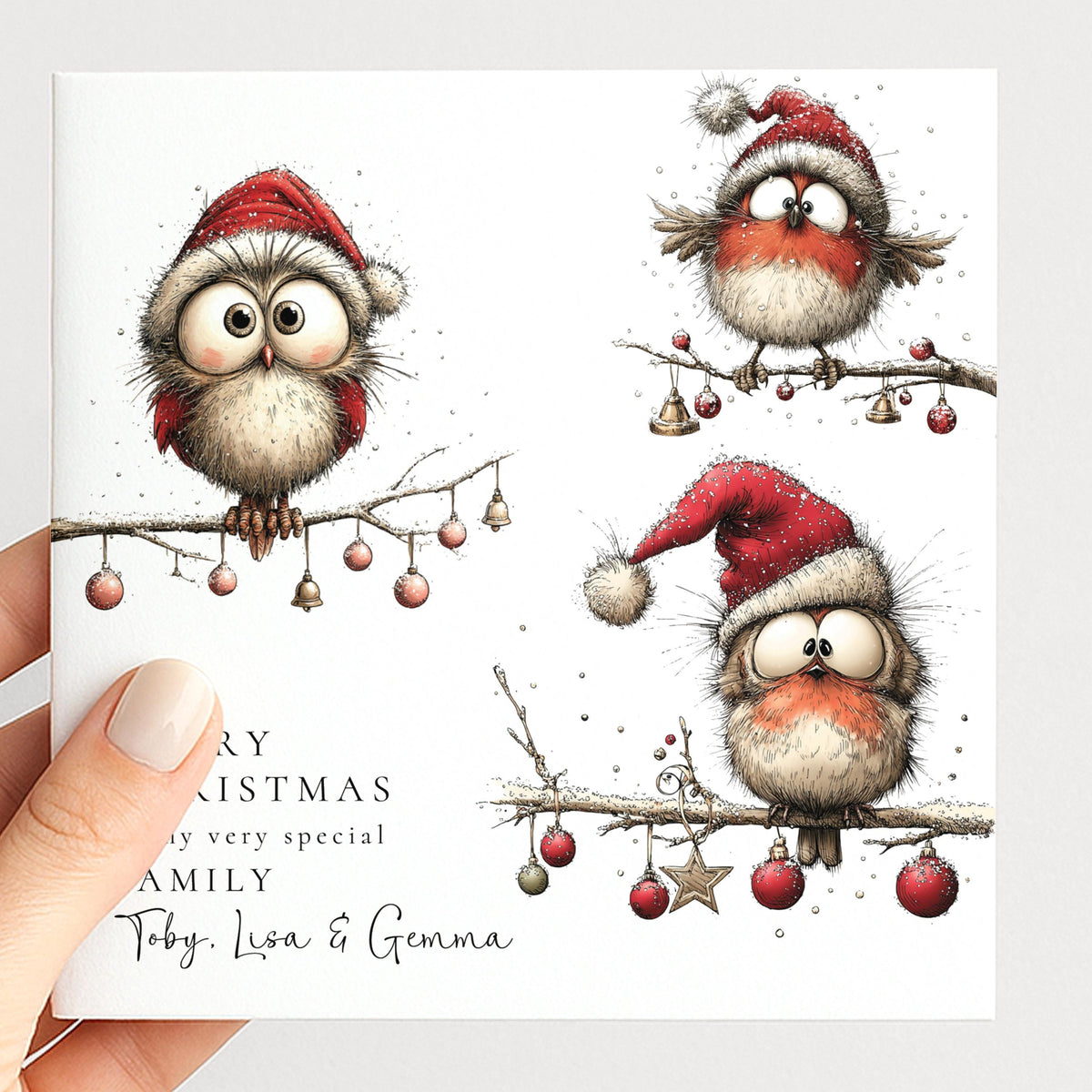 Personalised Family Christmas Card Funny Owl Xmas Card with 3 Names UK WhimsiLilley